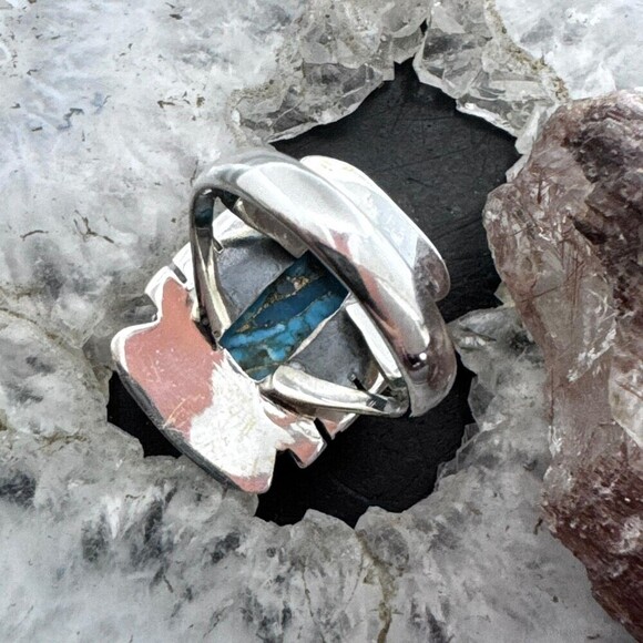 Sterling Silver Southwestern Style Blue Copper Turquoise Bar Ring Sz 8 For Women - Picture 7 of 10